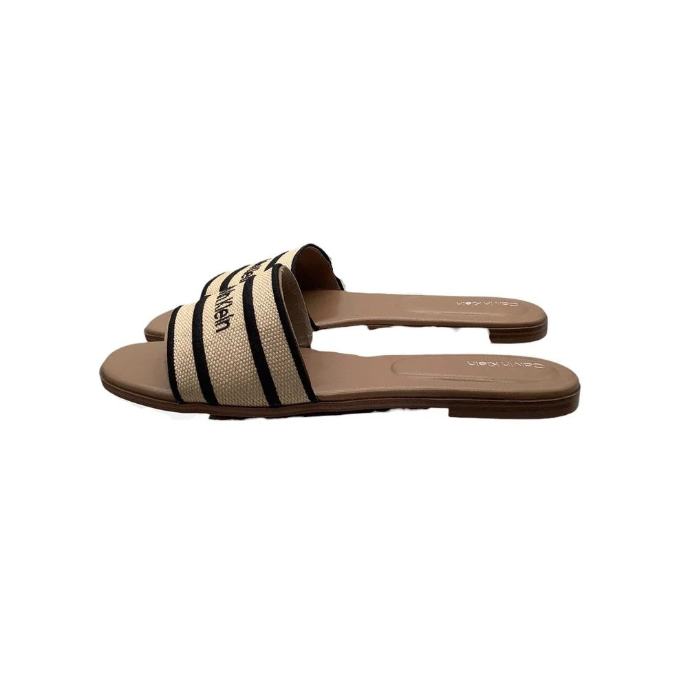 Calvin Klein Kendell Women Slide Sandals Light Natural Black Striped Flat 9.5 M